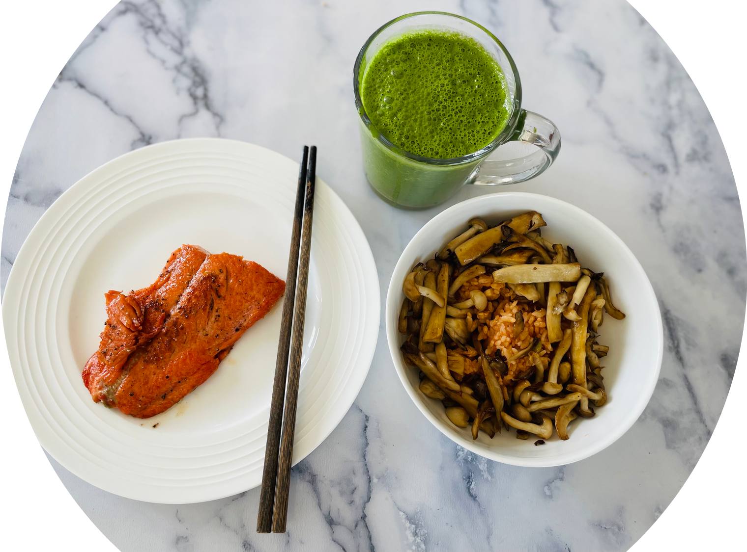 mushrooms, salmon, smoothie and rice